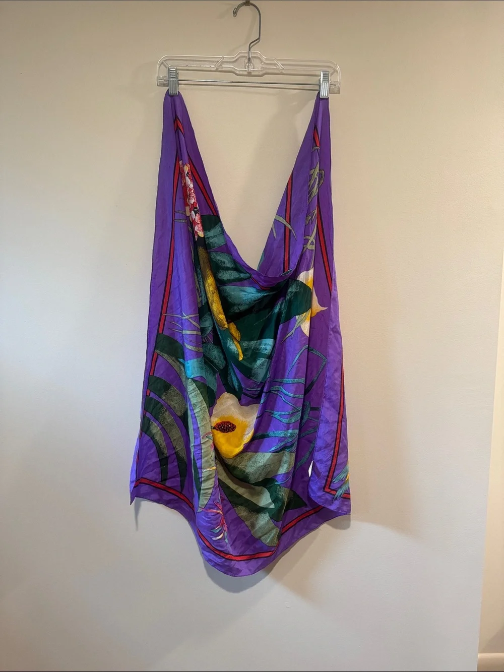Vintage 1980s Tropical Bird & Floral Purple Silk Scarf